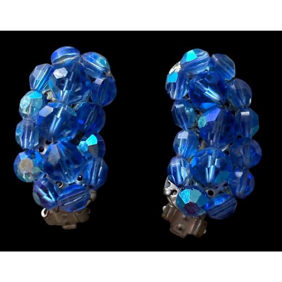 Blue Glass AB Crystal Wired Bead Clip On Climber Earrings Vintage Mid Century - Picture 5 of 5